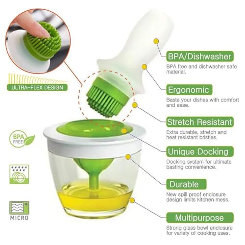 Divinext Oil Dispenser Glass Bowl Container and Silicone Pastry Brush Set for Cooking, BBQ, Baking and Grilling,15 X 6 X 8 cm,Green - Image 5