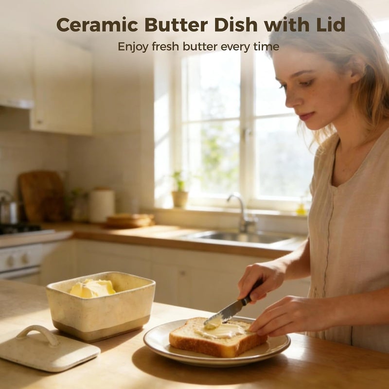 Generic Ceramic Butter Dish with Lid and Handle , 450 ml Vintage European Square Sealed Storage Container , for Kitchen Countertop , Dining & Baking , White - Image 3