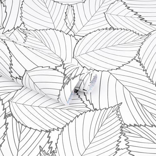 Kitico Gray Leaf Wallpaper 17.7''x197'' Modern Gray Leaf Peel and Stick Wallpaper Removable Self Adhesive Wall Paper White and Leaves Contact Paper forBedroom Home Decoration - Image 1
