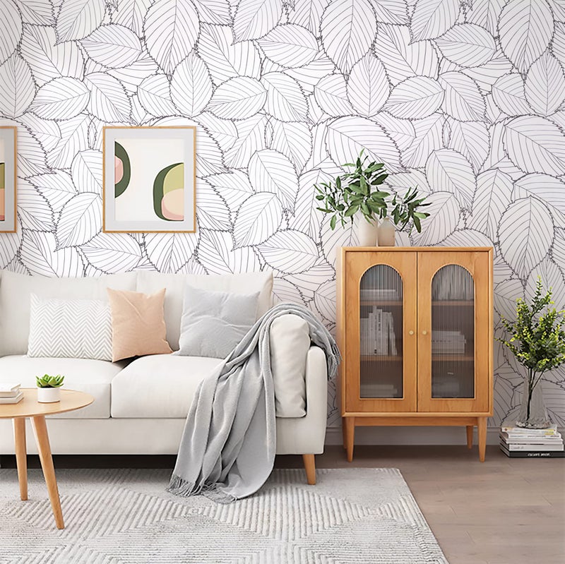 Kitico Gray Leaf Wallpaper 17.7''x197'' Modern Gray Leaf Peel and Stick Wallpaper Removable Self Adhesive Wall Paper White and Leaves Contact Paper forBedroom Home Decoration - Image 4