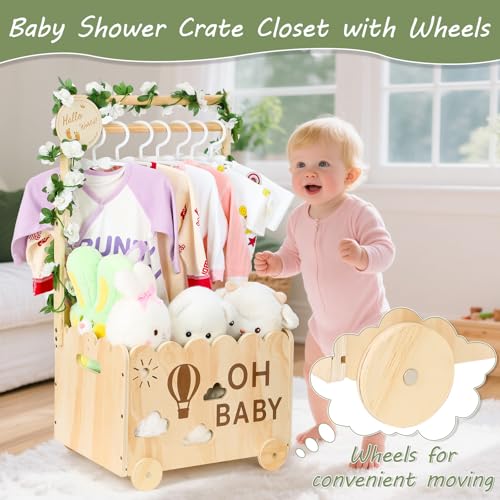 Jollidecor Wooden Baby Shower Crate Closet with Wheels, Baby Girl Boy Shower Gift Basket with Handle, Personalized Welcome Newborn Storage Box, Gift for Pregnancy New Parent - Image 2