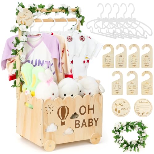 Jollidecor Wooden Baby Shower Crate Closet with Wheels, Baby Girl Boy Shower Gift Basket with Handle, Personalized Welcome Newborn Storage Box, Gift for Pregnancy New Parent - Image 1
