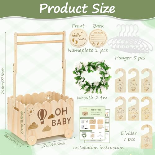 Jollidecor Wooden Baby Shower Crate Closet with Wheels, Baby Girl Boy Shower Gift Basket with Handle, Personalized Welcome Newborn Storage Box, Gift for Pregnancy New Parent - Image 3