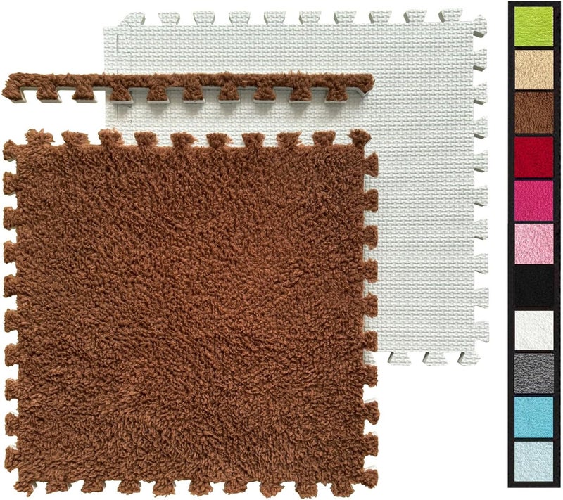 HUIDUO 12 Pcs Kids Foam Interlocking Carpet Tiles with Border, Thick Carpet Squares Plush Floor Playmats Baby Crawling Rug - 49" x 37" (Coffee, 12 Tiles) - Image 1