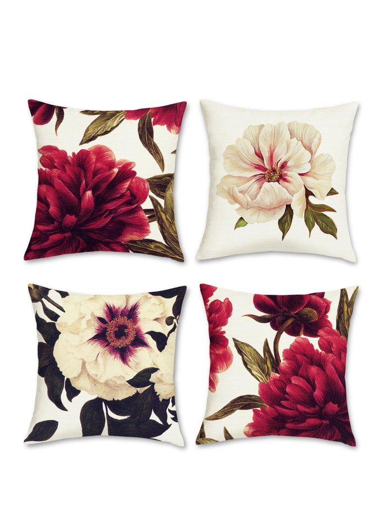 Excefore 4 عبوات من أغطية وسائد زهور الفاوانيا الحمراء، أقمشة بوليستر ولين، مناسبة لتزيين الأرائك والأسرة والديكور الداخلي والخارجي (45 × 45 سم) - Image 1