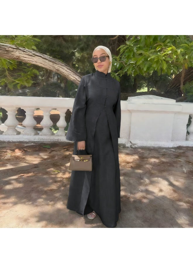 Women Sage Green Mandarin Collar Frog Button 2 Piece Abaya Set Flared Sleeve Loose Maxi Dress - Image 1