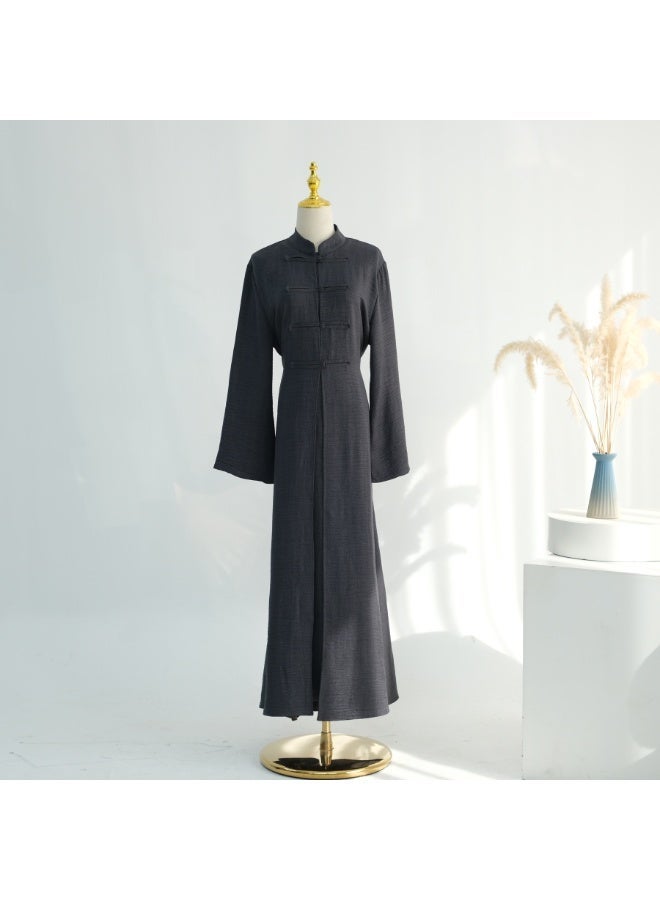 Women Sage Green Mandarin Collar Frog Button 2 Piece Abaya Set Flared Sleeve Loose Maxi Dress - Image 2