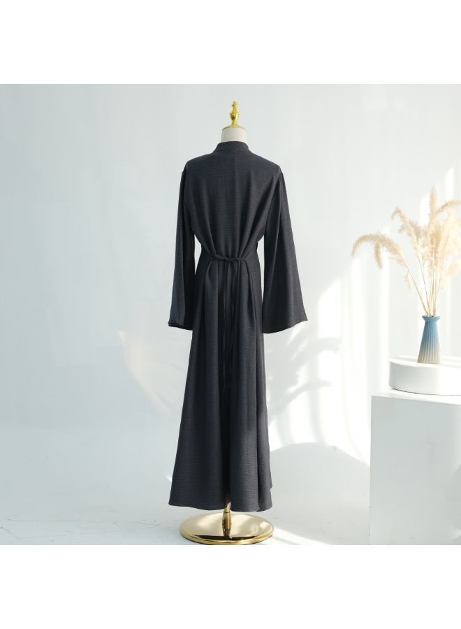 Women Sage Green Mandarin Collar Frog Button 2 Piece Abaya Set Flared Sleeve Loose Maxi Dress - Image 3