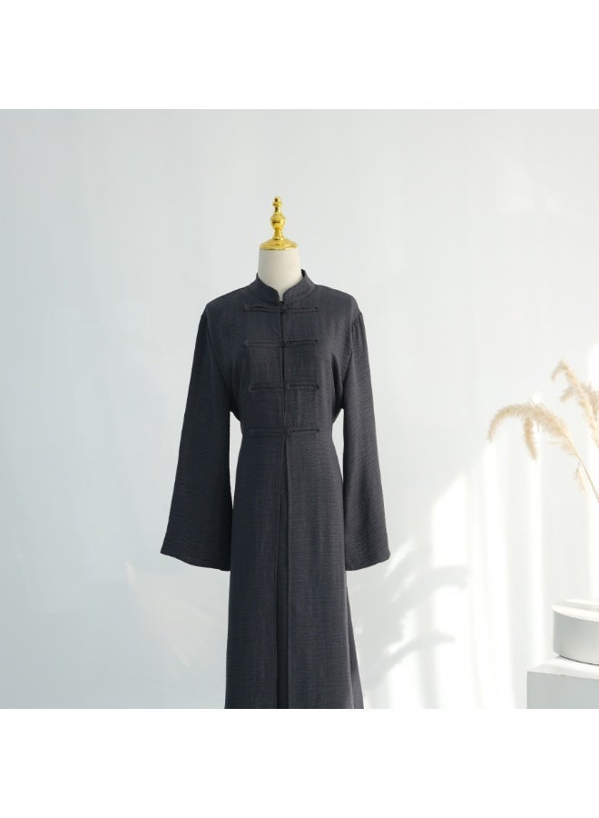 Women Sage Green Mandarin Collar Frog Button 2 Piece Abaya Set Flared Sleeve Loose Maxi Dress - Image 5