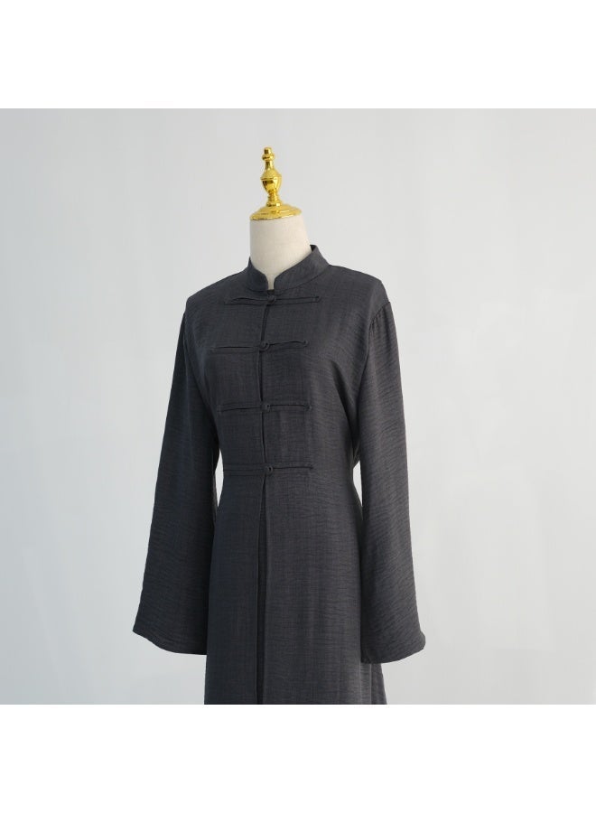 Women Sage Green Mandarin Collar Frog Button 2 Piece Abaya Set Flared Sleeve Loose Maxi Dress - Image 4