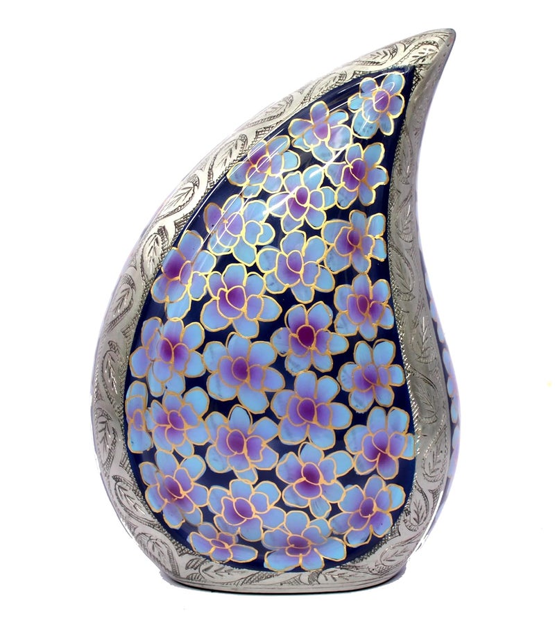 eSplanade Cremation Urn Memorial Human Ashes Container Jar Pot Burial Funeral Urns Teardrop Cremation Urn Teardrop Shape Violet Flowers 10 Inches - Image 1