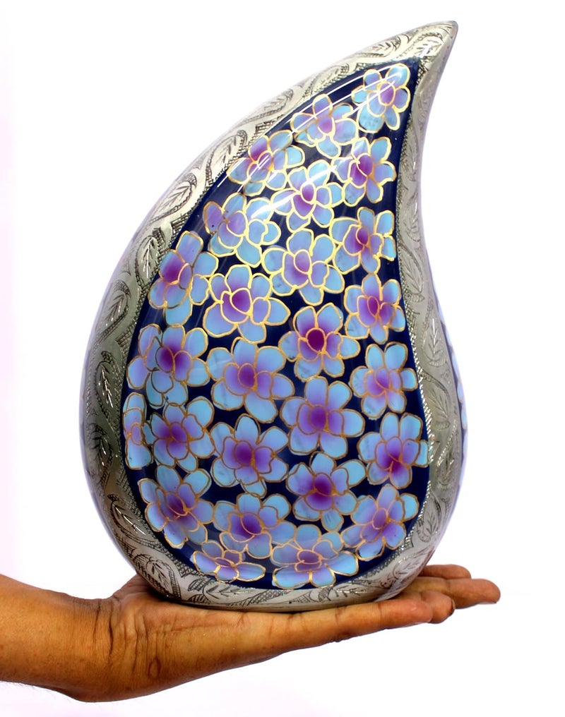 eSplanade Cremation Urn Memorial Human Ashes Container Jar Pot Burial Funeral Urns Teardrop Cremation Urn Teardrop Shape Violet Flowers 10 Inches - Image 5