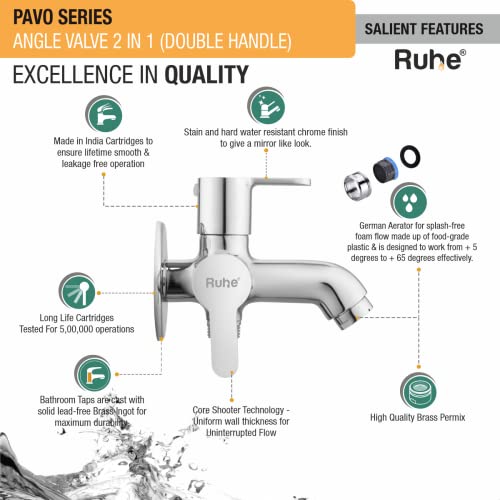 Ruhe® Pavo Angle Valve Two Way Double Handle Faucet/Tap for Connecting Washing Machines, Dishwashers, Hand Showers & Health Faucets, Chrome Finish | Angle Cock Two Way Faucet/Tap - Image 3