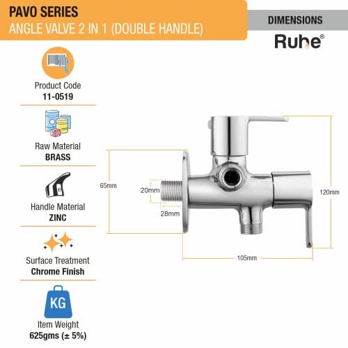 Ruhe® Pavo Angle Valve Two Way Double Handle Faucet/Tap for Connecting Washing Machines, Dishwashers, Hand Showers & Health Faucets, Chrome Finish | Angle Cock Two Way Faucet/Tap - Image 2