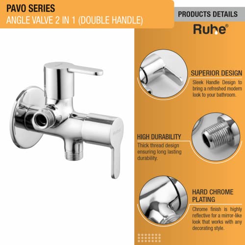 Ruhe® Pavo Angle Valve Two Way Double Handle Faucet/Tap for Connecting Washing Machines, Dishwashers, Hand Showers & Health Faucets, Chrome Finish | Angle Cock Two Way Faucet/Tap - Image 5