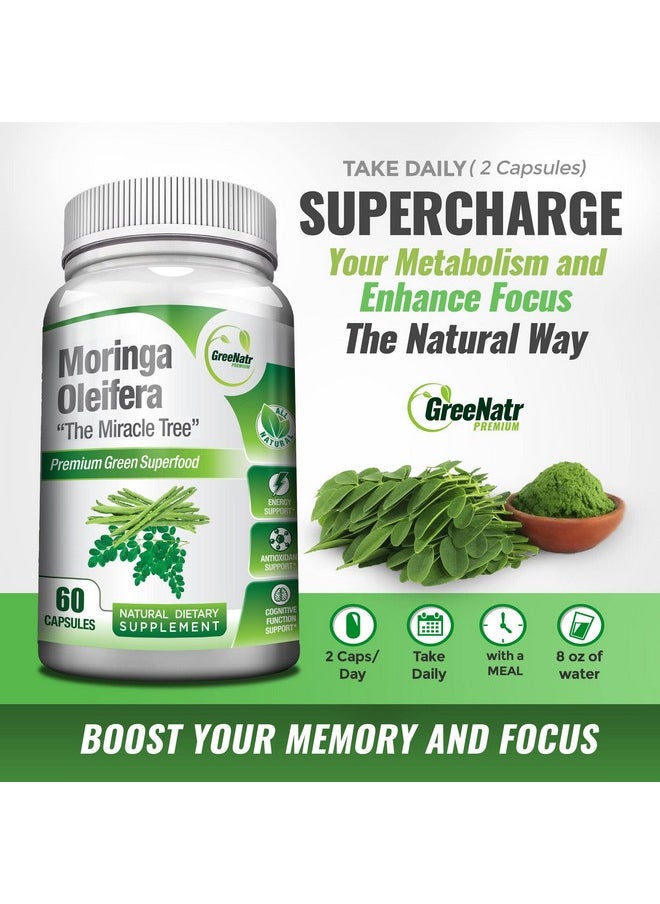 GreeNatr - Pure Moringa Oleifera Leaf Extract Veggie Capsules1000 Mg. Natural Herbal Supplement Energy And Metabolism Booster Mood Memory And Focus Enhancer. Premium Green Superfood. 60 Count - Image 1