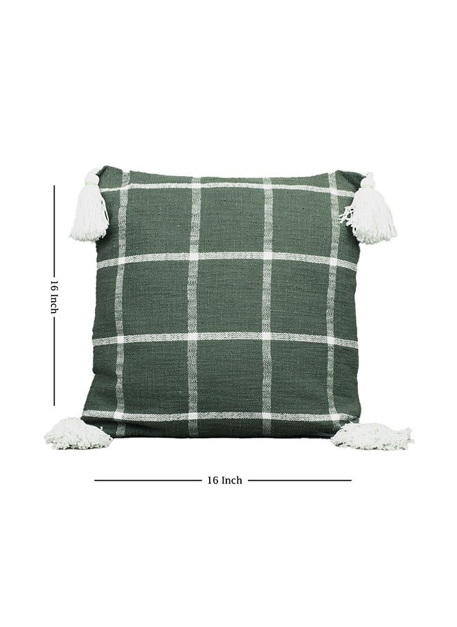 N & H Jute and Cotton Woven Square Shaped Cushion with Tassle 16 x 16 inches for Living Room Sofa (Checkered Pattern, Olive Green)  - Image 2