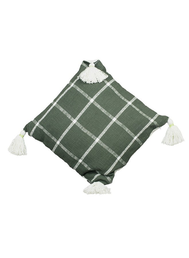 N & H Jute and Cotton Woven Square Shaped Cushion with Tassle 16 x 16 inches for Living Room Sofa (Checkered Pattern, Olive Green)  - Image 3