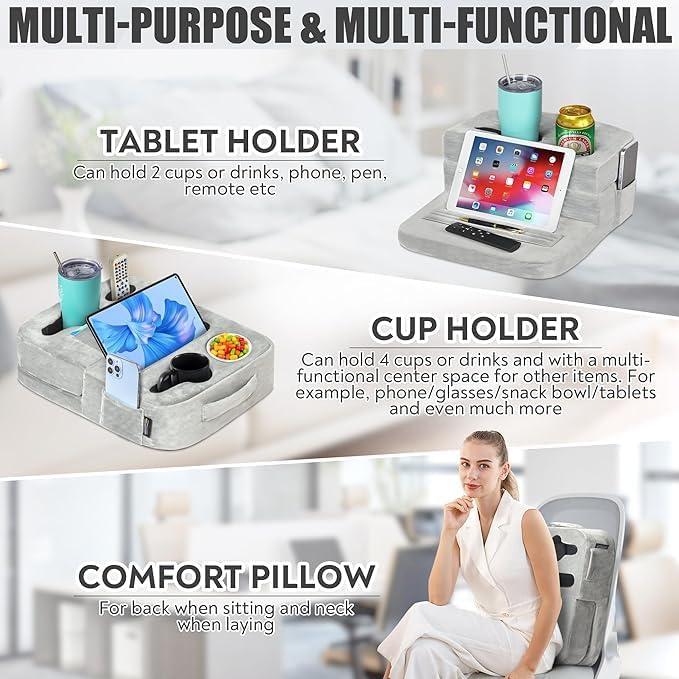 TabCouchCaddy - Couch Cup Holder Tray Pillow - Bed, Couch Caddy, Sofa, RV & Car - Holds Drinks, Snacks, Remotes, Phones, Kindle, Tablet | Bed Cup Holder (Grey) - Image 2