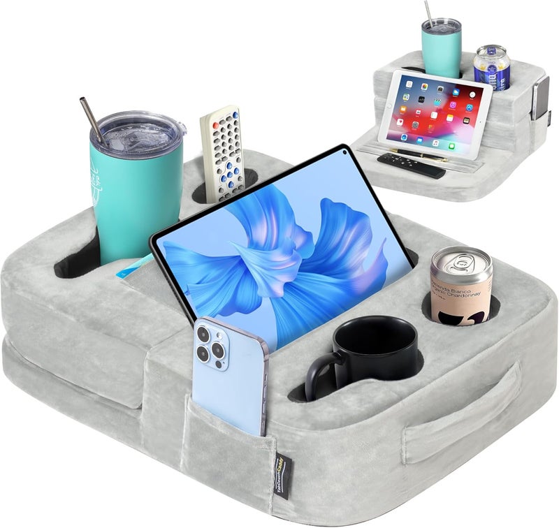 TabCouchCaddy - Couch Cup Holder Tray Pillow - Bed, Couch Caddy, Sofa, RV & Car - Holds Drinks, Snacks, Remotes, Phones, Kindle, Tablet | Bed Cup Holder (Grey) - Image 1