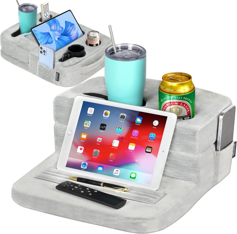 TabCouchCaddy - Couch Cup Holder Tray Pillow - Bed, Couch Caddy, Sofa, RV & Car - Holds Drinks, Snacks, Remotes, Phones, Kindle, Tablet | Bed Cup Holder (Grey) - Image 4