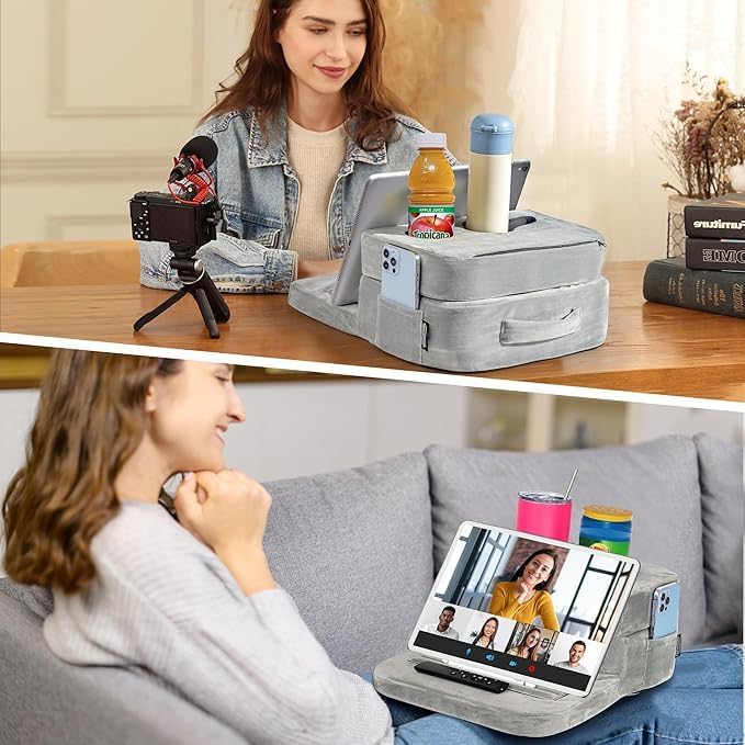 TabCouchCaddy - Couch Cup Holder Tray Pillow - Bed, Couch Caddy, Sofa, RV & Car - Holds Drinks, Snacks, Remotes, Phones, Kindle, Tablet | Bed Cup Holder (Grey) - Image 5