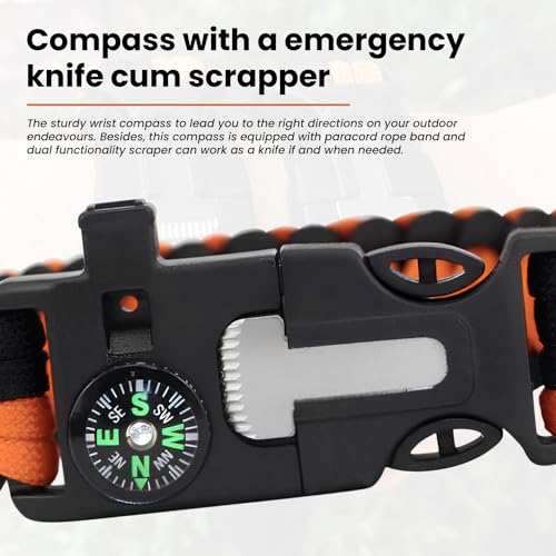 HACER Compass Lifeline Fire Stick Escape Rope Mountaineering Survival Training in The Fields Hand Strap Bracelet for Unisex Adult - Black & Orange - Image 5
