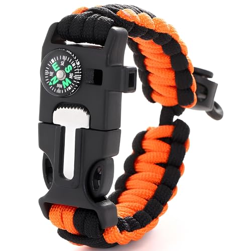 HACER Compass Lifeline Fire Stick Escape Rope Mountaineering Survival Training in The Fields Hand Strap Bracelet for Unisex Adult - Black & Orange - Image 1
