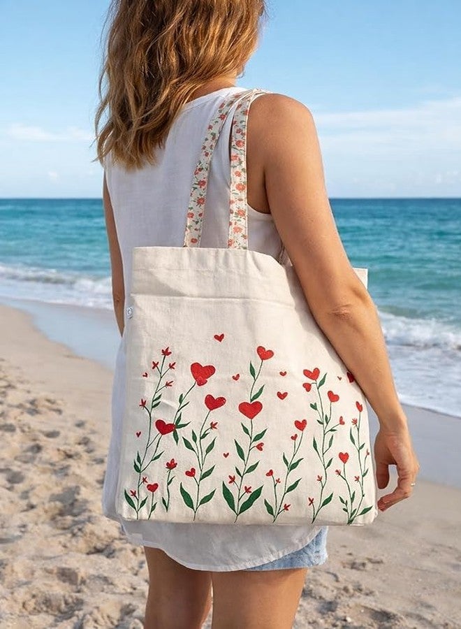 wizmo Canvas Tote Bag for Women, Tote Bags for Girls, Grocery Shopping Cloth Bags Heart Flower Tote Bag with Zipper, Cotton Canvas Bag Gift for Teen Girls, Zippered Canvas Bag for Shopping Work Grocery - Image 5