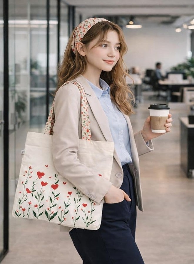 wizmo Canvas Tote Bag for Women, Tote Bags for Girls, Grocery Shopping Cloth Bags Heart Flower Tote Bag with Zipper, Cotton Canvas Bag Gift for Teen Girls, Zippered Canvas Bag for Shopping Work Grocery - Image 4