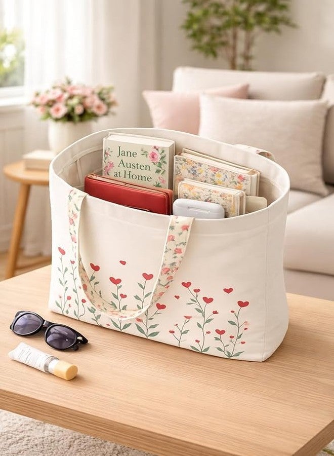 wizmo Canvas Tote Bag for Women, Tote Bags for Girls, Grocery Shopping Cloth Bags Heart Flower Tote Bag with Zipper, Cotton Canvas Bag Gift for Teen Girls, Zippered Canvas Bag for Shopping Work Grocery - Image 3