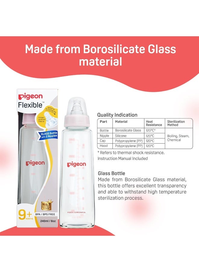 pigeon Glass Feeding Bottle 240ML (Pink) with ADD Nipple L,  Transparent - Image 5