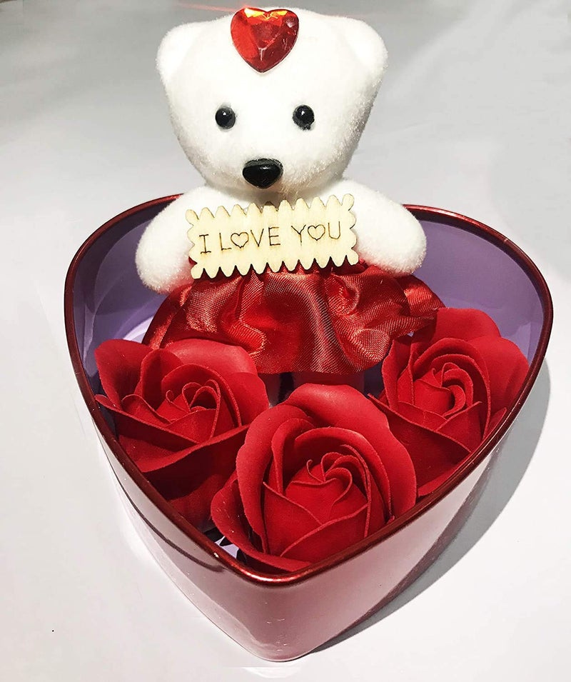 sakoraware Latest Heart Shape Gift Box and Teddy with Artificial Rose (1 Teddy Bear Doll, 3 Fragnant Rose Bud Petal, 1 Heart Shape Red Tin Box) Valentine Day Special for Wife, Girl Friend, Fiancee - Image 5