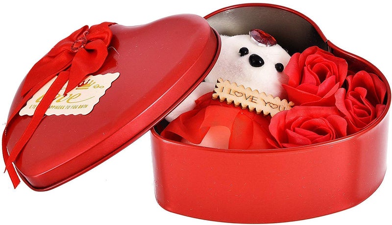 sakoraware Latest Heart Shape Gift Box and Teddy with Artificial Rose (1 Teddy Bear Doll, 3 Fragnant Rose Bud Petal, 1 Heart Shape Red Tin Box) Valentine Day Special for Wife, Girl Friend, Fiancee - Image 2