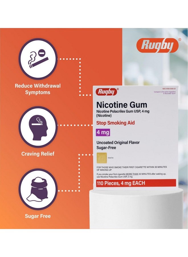 RUGBY LABORATORIES Rugby Polacrilex 4mg Nicotine Gum - Smoking and Vaping Quitting Aid - Sugar-Free - 110 Count - Original  - Image 4