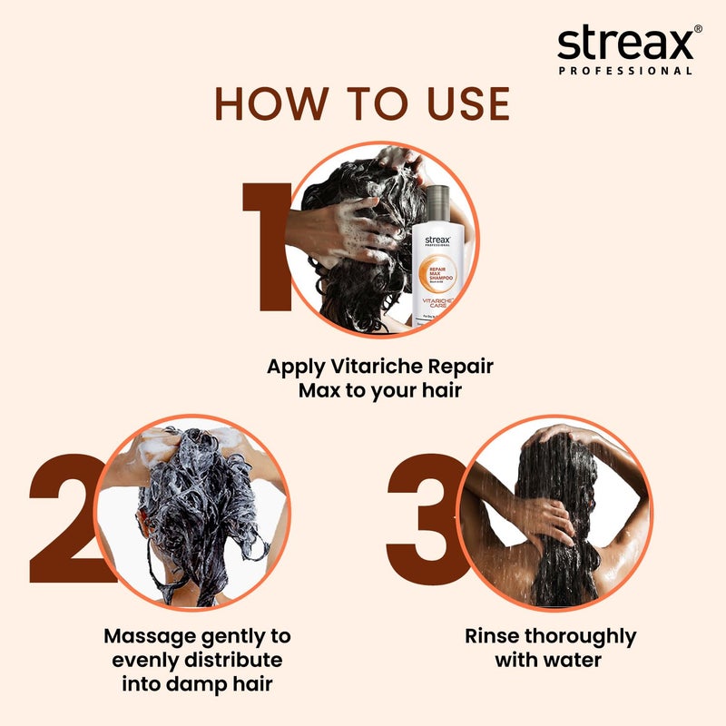 Streax Professional شامبو ستريكس بروفيشينال فيتاريش كير ريبير ماكس للنساء شامبو الشعر مع مركب بيوفيتاوكس بروتين الكتان المهدرج سيراميد شامبو لطيف للشعر الجاف التالف 300 مل - Image 5