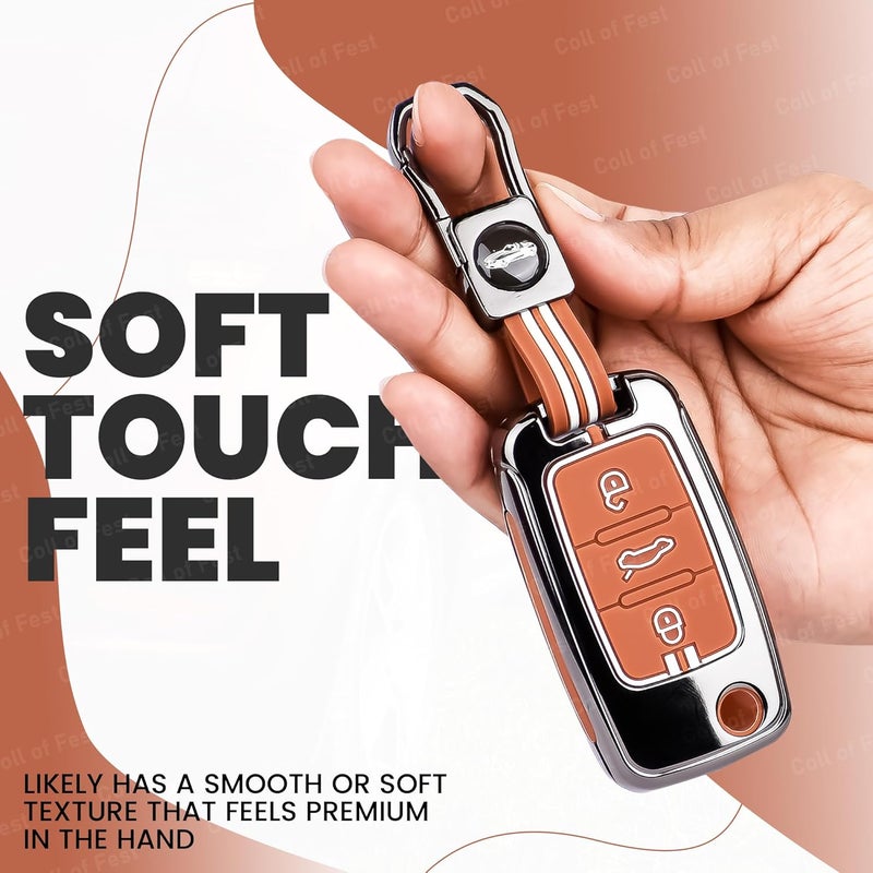 Coll of Fest Car Key Cover Compatible with Polo Vento Jetta Ameo Passat and Skoda Rapid Laura Superb Octavia Fabia Yeti 3-Button Smart Flip Key (Chrome Metal Silicone) - Image 4