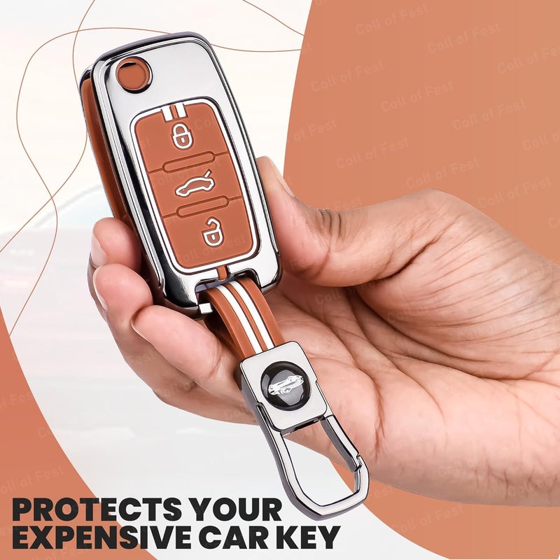 Coll of Fest Car Key Cover Compatible with Polo Vento Jetta Ameo Passat and Skoda Rapid Laura Superb Octavia Fabia Yeti 3-Button Smart Flip Key (Chrome Metal Silicone) - Image 3