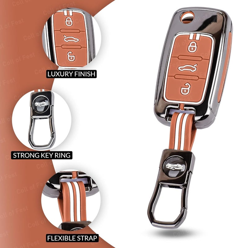 Coll of Fest Car Key Cover Compatible with Polo Vento Jetta Ameo Passat and Skoda Rapid Laura Superb Octavia Fabia Yeti 3-Button Smart Flip Key (Chrome Metal Silicone) - Image 2