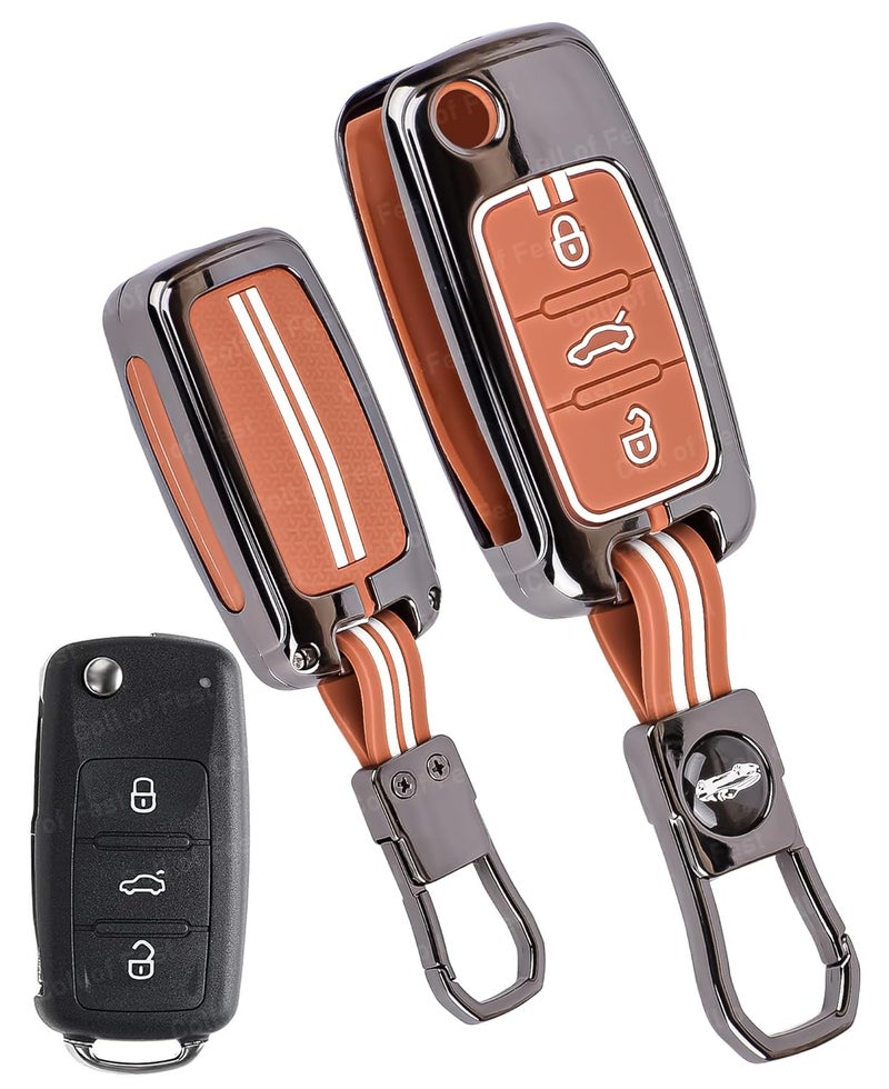 Coll of Fest Car Key Cover Compatible with Polo Vento Jetta Ameo Passat and Skoda Rapid Laura Superb Octavia Fabia Yeti 3-Button Smart Flip Key (Chrome Metal Silicone) - Image 1