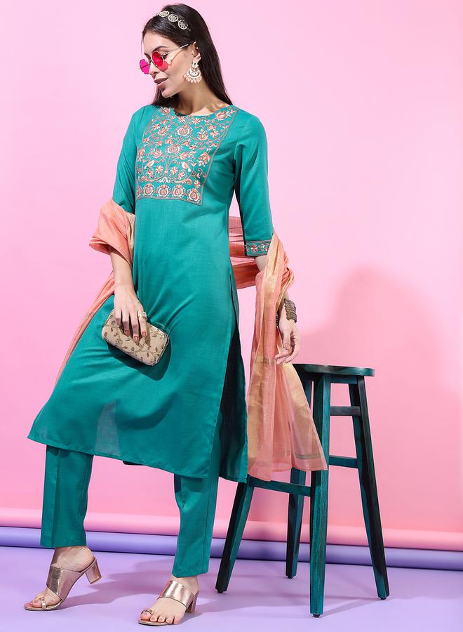 Vishudh Women Embroidered Kurta Set with Trousers and Dupatta by Styli  - Image 5