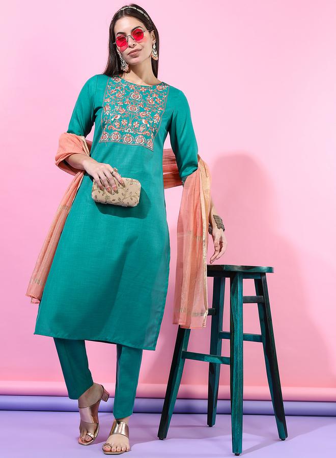 Vishudh Women Embroidered Kurta Set with Trousers and Dupatta by Styli  - Image 1
