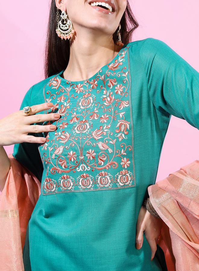 Vishudh Women Embroidered Kurta Set with Trousers and Dupatta by Styli  - Image 4