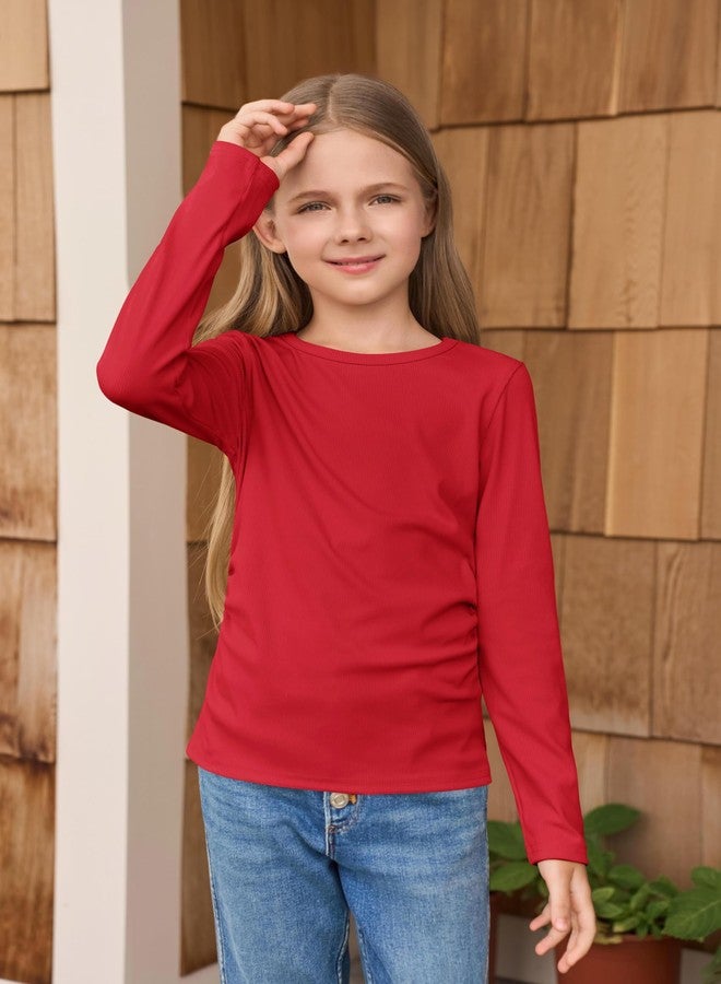 Haloumoning Girls Long Sleeve Shirts Crewneck Ruched Side Slim Fit Tops Ribbed Knit Casual Tee Shirt 4-15 Years, Red, 11-12 Years - Image 3