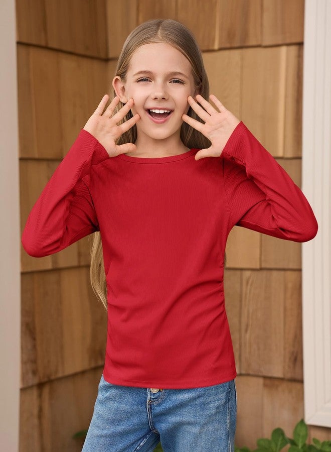 Haloumoning Girls Long Sleeve Shirts Crewneck Ruched Side Slim Fit Tops Ribbed Knit Casual Tee Shirt 4-15 Years, Red, 11-12 Years - Image 2