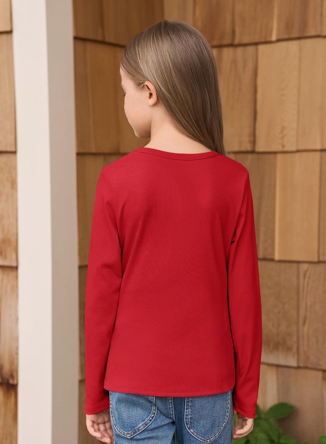 Haloumoning Girls Long Sleeve Shirts Crewneck Ruched Side Slim Fit Tops Ribbed Knit Casual Tee Shirt 4-15 Years, Red, 11-12 Years - Image 4