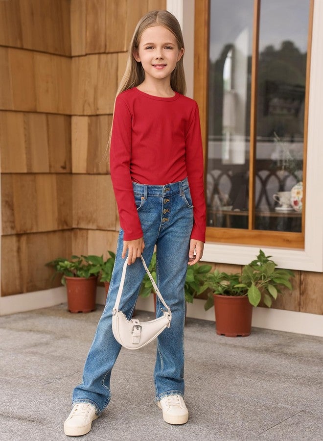 Haloumoning Girls Long Sleeve Shirts Crewneck Ruched Side Slim Fit Tops Ribbed Knit Casual Tee Shirt 4-15 Years, Red, 11-12 Years - Image 5