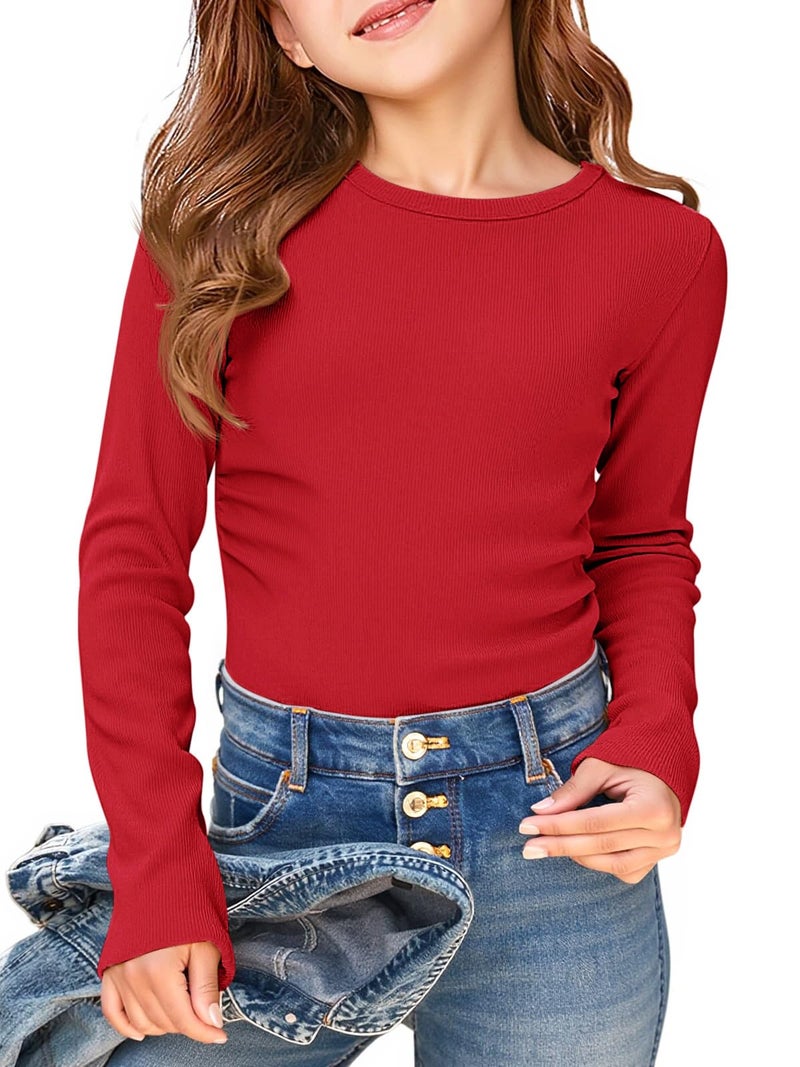 Haloumoning Girls Long Sleeve Shirts Crewneck Ruched Side Slim Fit Tops Ribbed Knit Casual Tee Shirt 4-15 Years, Red, 11-12 Years - Image 1