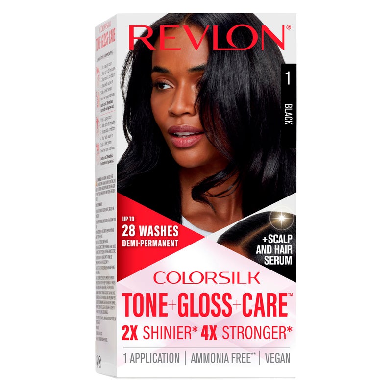 Revlon ColorSilk Tone + Gloss + Care Demi Permanent Hair Color, Dye Kit with Leave-In Scalp and Haircare Serum, 2x Shinier, 4x Stronger, 1 Black, 4.5 fl oz - Image 1