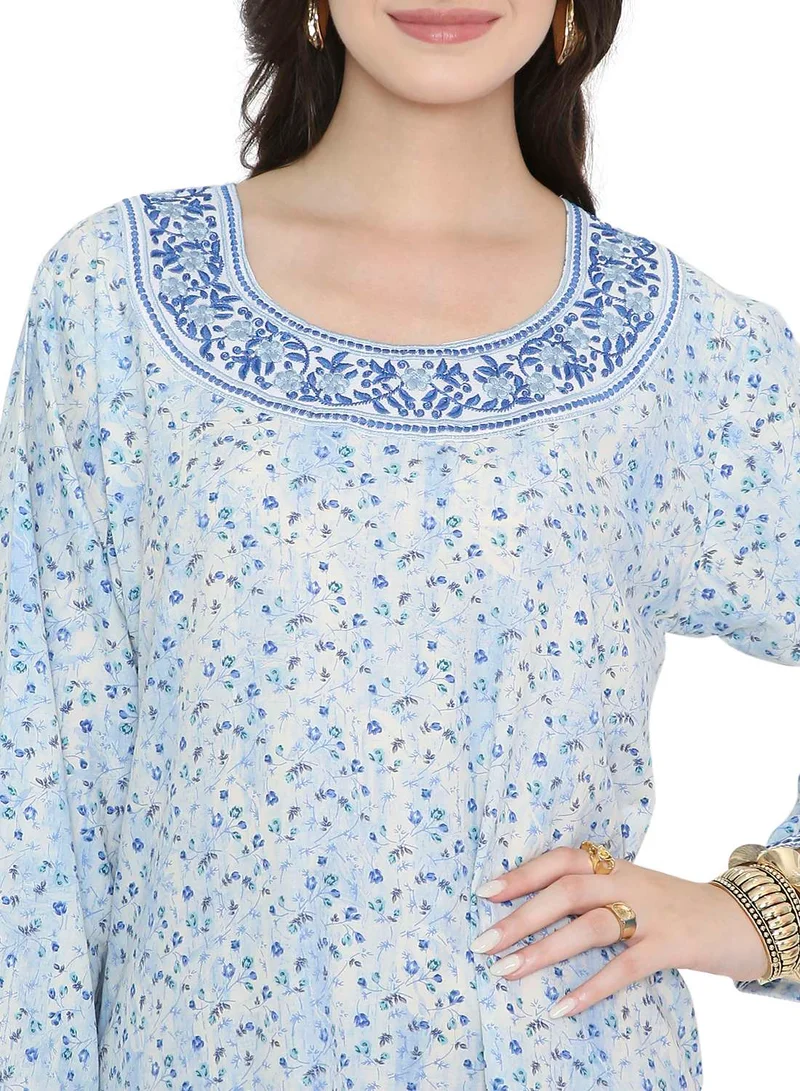 HANA & SARA Tiny Flower Printed and Neck Embroidered Long Arabic Farasha Kaftan Dresses